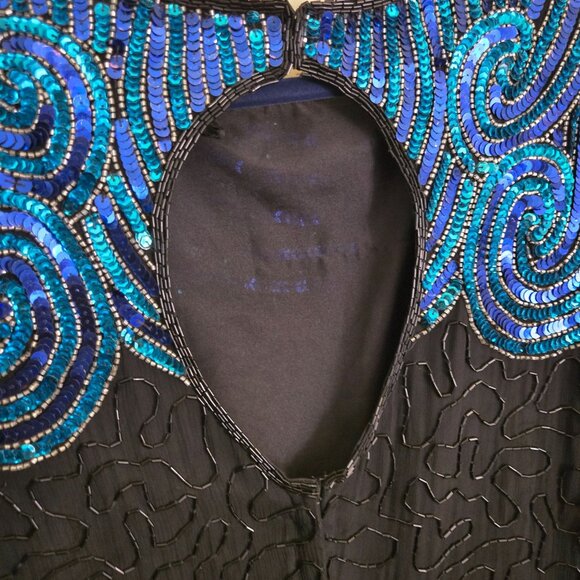 Stenay Vintage Stunning Black Blue Sequined Beaded Silk Sheath Midi Dress Size14 - Picture 6 of 7